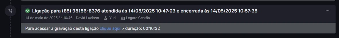 Exemplo de chamada registrada no CRM
