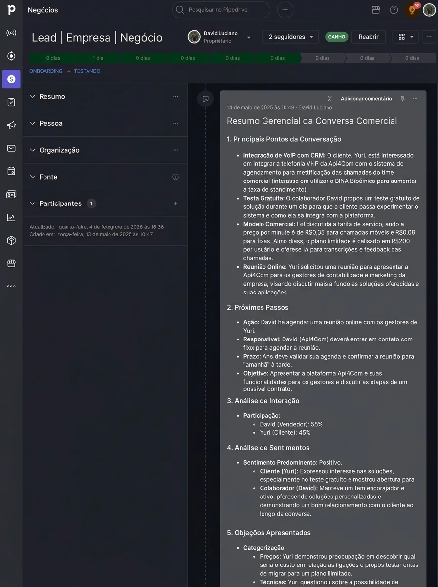 Resumo gerencial gerado por IA no Pipedrive